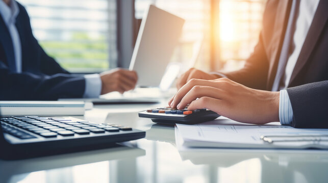 A  Close-up of accountant's hand using calculator and computer in office panoramic banner, finance and accounting concept.