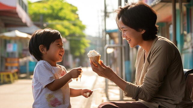 A Southeast Asian mother ordering ice cream with her toddler son