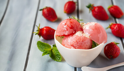 Summer sorbet with fresh strawberry, selective focus image
