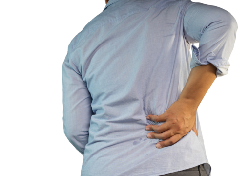 Close-up of a hand touching back pain against transparent background.