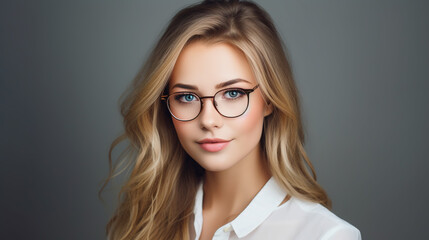 Obraz premium AYoung beautiful woman isolated portrait. Student girl wearing glasses closeup studio shot, Young businesswoman smiling indoor, People, beauty, student lifestyle