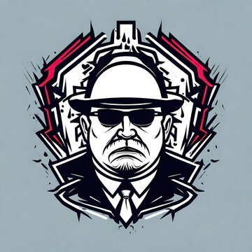 A logo for a business or sports team featuring a fictional caricature of a mean mob mafia boss that is suitable for a t-shirt graphic.