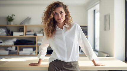 A beautiful young Asian designer woman standing in front of a desk looking at the camera. Architect. Loose-fitting shirt. Woman looking at the camera with a smile.