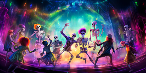 Obraz premium illustration of skeletons which dancing on Halloween disco party