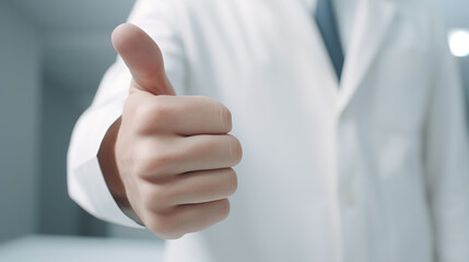 A Close-up shot. Doctor's hand giving thumbs up for treatment success.