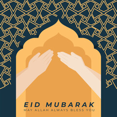 Eid Mubarak Greeting and wishes with hand gesture and gold pattern background