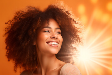 beautiful woman with afro hair smiling on bright background, smiling portrait. Africa, America. illustration generated with AI - obrazy, fototapety, plakaty