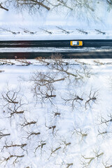 yellow taxi In Japan on a snowy day, a bird's eye view