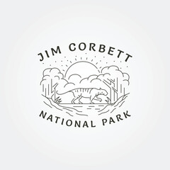 jim corbett national park vintage line art logo design, tiger symbol in forest logo outdoor design