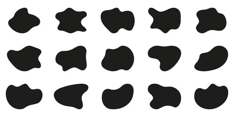 Irregular Organic Shape On White Background. Fluid Splodge. Random Circle Blob Collection. Black Round Liquid Silhouette Form. Asymmetric Blotch Set. Isolated Vector Illustration