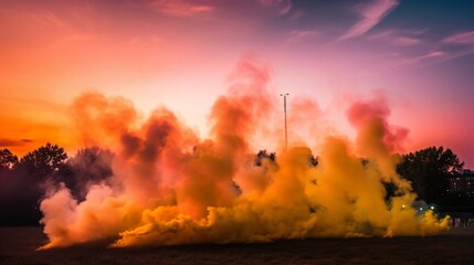 Crowded Vibrant Smoke Bombs Concert Backlighting Effects at Golden Sunset Horizon - Capturing the Energetic Atmosphere of Live Music. Generative AI