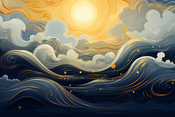 Abstract sea background with clouds, sea landscape, night, stars in the sky, greek mythology style, japanese woodblock art Design, Generative AI