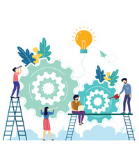 Flat Art Graphic Of 4 People Working On An Idea With Gear Vectors