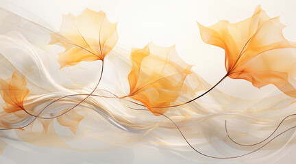 秋の葉とシルクドレープの融合テクスチャ。オレンジと白のおとなっぽい風にゆれてしなやかな背景。生成AI