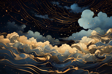 Abstract sea background with clouds, sea landscape, night, stars in the sky, greek mythology style, japanese woodblock art Design, Generative AI