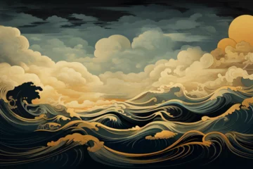 Fotobehang Abstract sea background with clouds, sea landscape, night, stars in the sky, greek mythology style, japanese woodblock art Design, Generative AI © ShaggyImages
