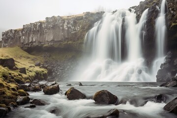 Obraz premium Icelandic elegance. Captivating waterfall amidst nature beauty. Majestic in heart of iceland. Epic adventure. Exploring breathtaking landscape