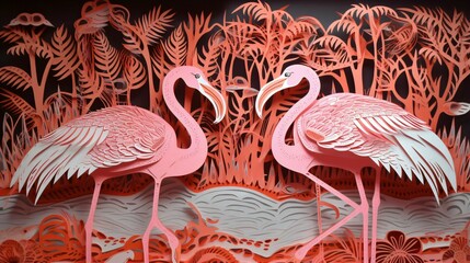 Fantastical Paper Kite Craft Flamingos in a Multi-Dimensional Fairyland. Generative AI