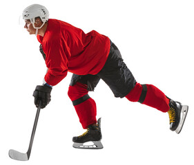 Obraz premium Motivated man, hockey player in uniform and helmet, in motion with stick during game isolated on transparent background