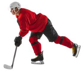 Motivated man, hockey player in uniform and helmet, in motion with stick during game isolated on transparent background