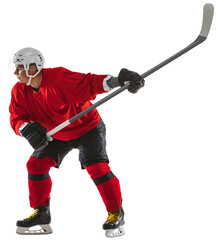 Man, hockey player in red uniform and helmet during game, skating with stick isolated on transparent background
