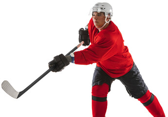 Competitive man, hockey player in motion during game, player, training isolated on transparent...