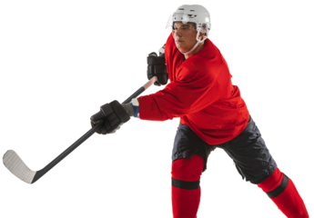 Competitive man, hockey player in motion during game, player, training isolated on transparent background