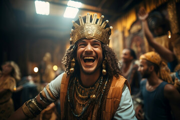 Portrait of an ancient warrior in costume. laughing Handsome smiling arab guy. - 638333237