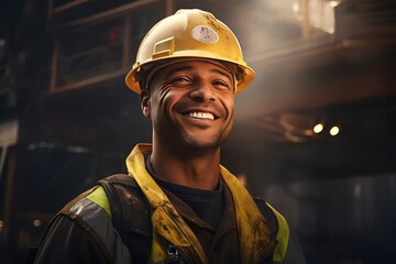 A smiling man, a construction worker, an engineer or a foreman on a construction site.