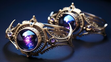 Retro-futuristic jewelry with holographic gems and ornate mechanical patterns | generative ai