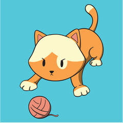 Kitty Playing With Ball Of Yarn Funny Cat Cute Kitten Cartoon Character