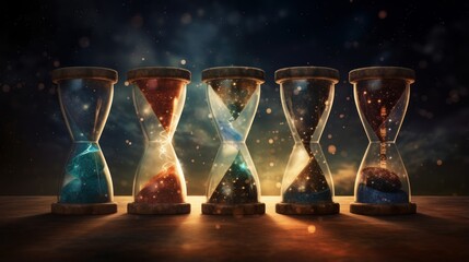 Ancient hourglasses filled with glowing particles representing time's evolution | generative ai - obrazy, fototapety, plakaty