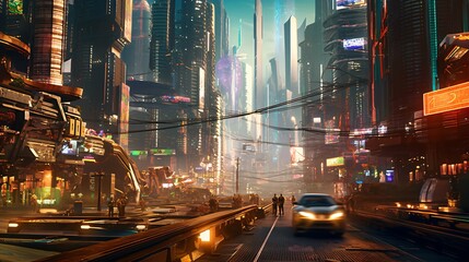 Fototapeta na wymiar Futuristic Cityscape Sleek Skyscrapers, Neon Lights, and Flying Vehicles. Generative AI