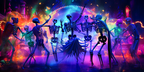 Fototapeta na wymiar illustration of skeletons which dancing on Halloween disco party