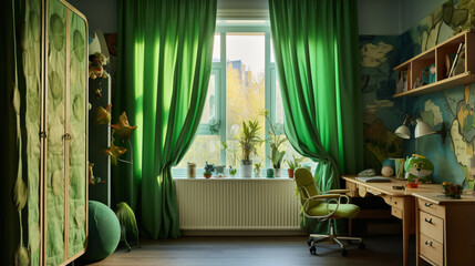 Childrens room with green curtains