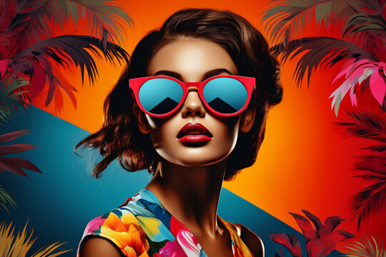 Arte pop de una chica modelo morena con gafas de sol peculiares sobre un fondo de ambiente de playa de verano de palmeras, concepto de tema abstracto colorido. IA generativa