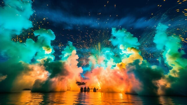 Aqua, turquoise and cyan Smoke Bombs with Backlighting Effects, Event Celebration and Festive Concept. Generative AI