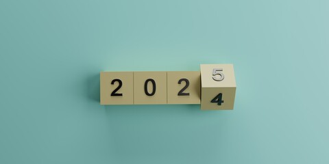 Flipping of 2024 to 2025 on 3D Rendering block cube for preparation new year change and start new business target strategy concept.