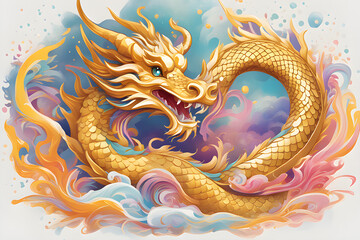Bright cute gold Chinese dragon, vintage T-shirt design, 3D vector art, fantasy art, watercolor effect, digital painting,generative ai