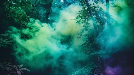 Fototapeta na wymiar Tranquil Forest with Smoke Bombs and Backlighting Effects for Relaxation and Creativity. Generative AI