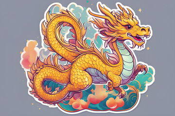 Bright cute gold Chinese dragon, vintage T-shirt design, 3D vector art, fantasy art, watercolor effect, digital painting,generative ai