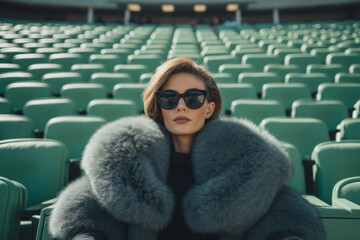 High end fashion model sitting in a monochromatic stadium with green seats wearing glasses and luxury black green fur jacket. 