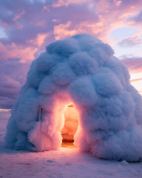Futuristic beautiful portrait of a iglo in a surreal dreamy cloud punk setting with a huge oversized pink fur clouds on the pastel sunset beach. 