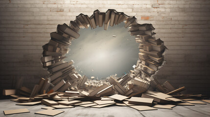 Concept of a hole in destroyed concrete wall and books