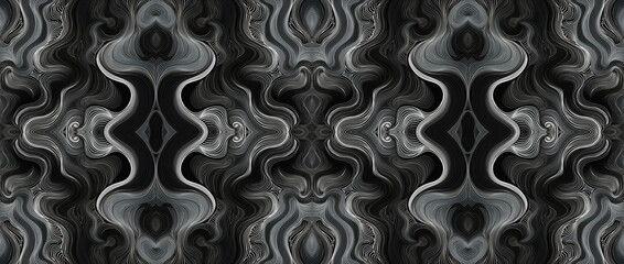 Abstract Background With Sound And Magnetic Waves. Waved Lines, Fluctuations. Light, Gradient Ornaments. Black, Gray, Silver. Contemporary, Futuristic, Postmodern.