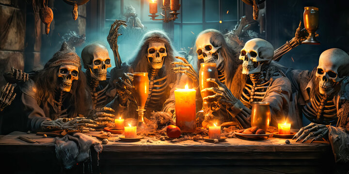illustration of skeletons which sitting at festive table and celebrating Halloween. Halloween party