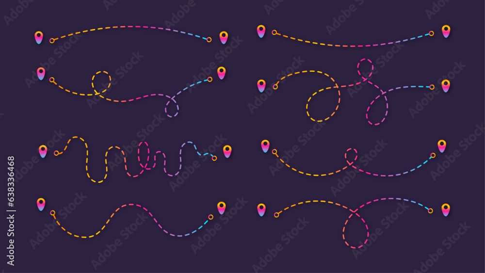 Poster 8 gradient plane or car route paths with location marks.