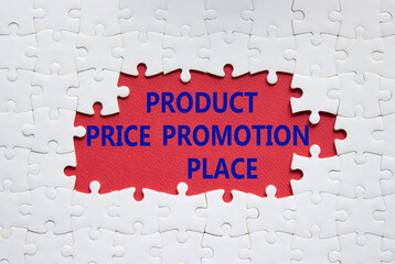 Product Price Promotion Place symbol. White puzzle with words Product Price Promotion Place. Beautiful red background. Business concept. Copy space.