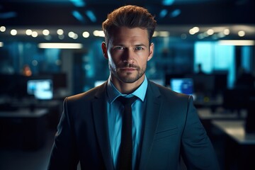 Fototapeta premium Professional Businessman Portrait in Office Space Blue Color