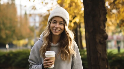 Young woman on college campus in autumn, holding a coffee cup